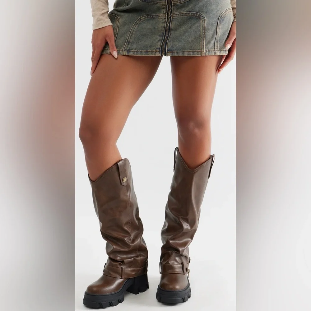 Brown Knee-High Boots with Black Soles bulky fun brown boots - Picture 13 of 13